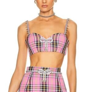 AREA Crystal Trim Plaid Corset Bra Top Pink Wool Blend Size 2 FW22
